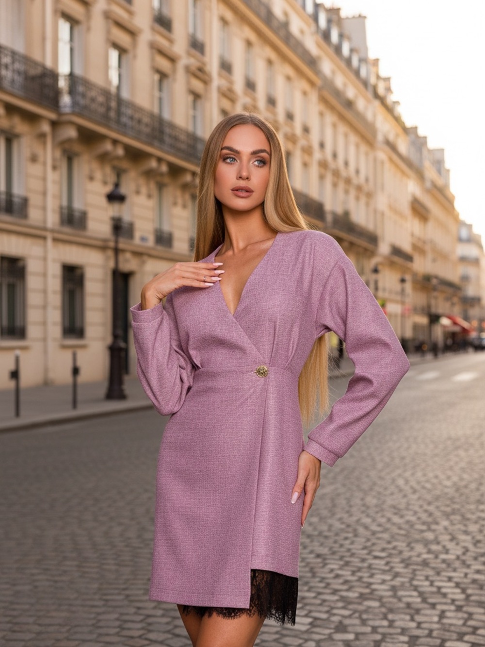 V-Neck Long-Sleeve Mini Dress in Soft Lavender